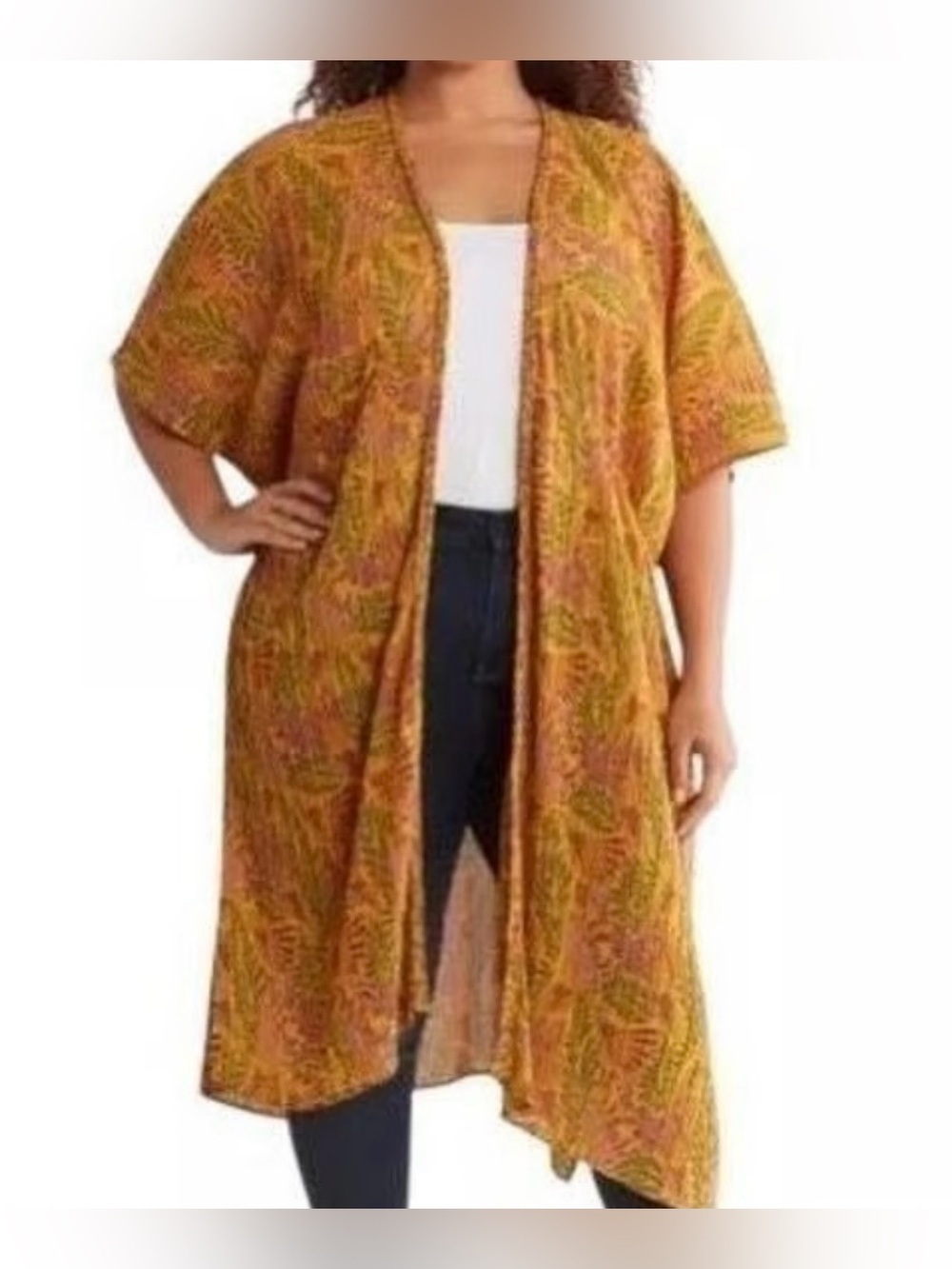 DR2|ONE SIZE mustard yellow pleated kimono in Tropical floral Leaf-Boho Duster•